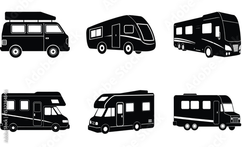 Recreational Vehicle Silhouette Vector Set – RV Motorhomes, Camper Vans, Travel Trailers, Off-Grid Camping Icons for Outdoor Adventure Designs

