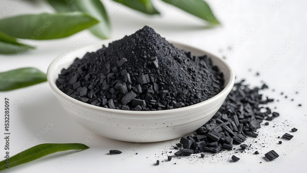 Bowl of activated charcoal powder with green leaves, natural health supplement or skincare ingredient
Bowl of activated charcoal powder with green leaves, natural health supplement or skincare ingredient