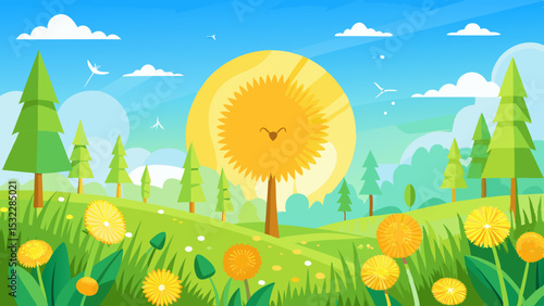 Sunny Landscape with Green Trees and Flowers in Spring Season

