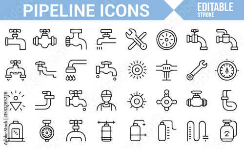 Collection of Icons Representing Plumbing, Pipeline Systems, and Flow Control