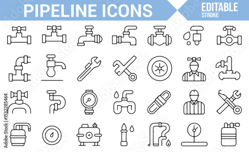 Vector Set of Pipeline and Plumbing Icons for Industrial Maintenance

