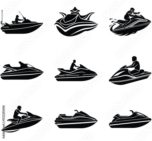 Jet Ski Action Silhouette Vector Set – Extreme Water Sports, Racing, Jumping, and Tricks Bundle for Summer Adventure Themes


