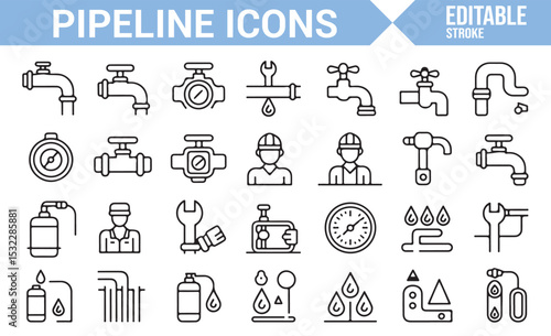 Collection of pipeline icons representing pipes, valves, water control systems, and maintenance tools. Perfect for illustrating plumbing, pipeline systems, water management, and industrial maintenance