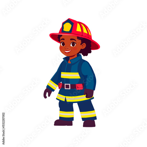 Cute little African American firefighter girl in uniform and helmet vector illustration