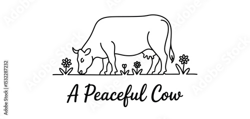 Line Art Illustration of a Peaceful Cow Grazing in a Field