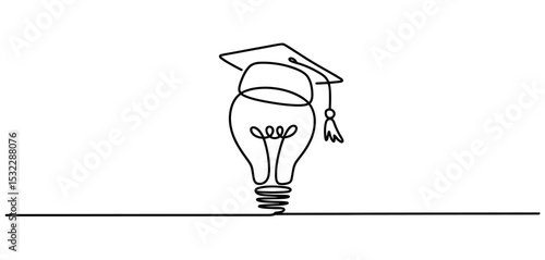 Graduation Cap on Light Bulb Continuous Line Drawing