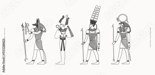 Ancient Egyptian gods Anubis, Osiris, Amon, Ra. Deities of Ancient Egypt. Ancient gods with symbols of power. Ideal for educational content, history books, museum materials, and cultural designs.