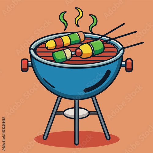 Barbecue grill with colorful skewers and fresh vegetables, ready for a delicious outdoor meal.