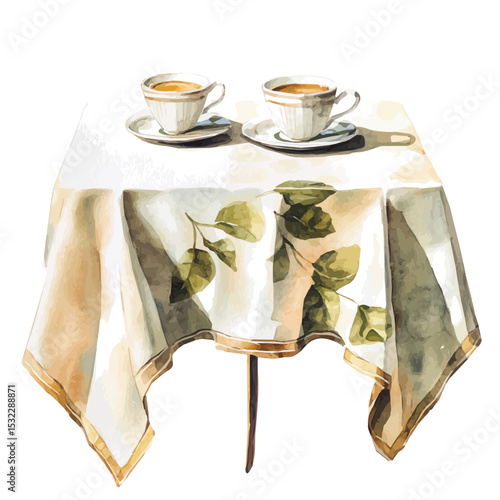 Tablecloth And Cups, watercolor painting vector, isolated on a white background.