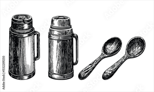 Two thermos bottles and two spoons isolated on white background