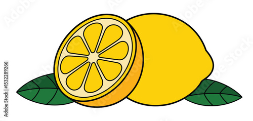 Fresh Lemon Fruit with Cut Slice and Green Leaves