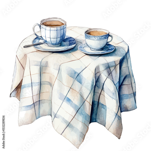 watercolor vector of Tablecloth And Cups, isolated on a white background.