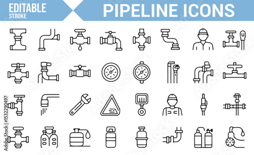 Editable Plumbing Tools and Pipeline Icons | Valve, Pipe, and Repair Symbols