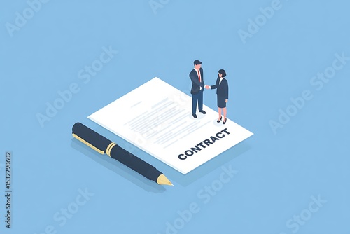 Two business people shake hands over “CONTRACT” document, isometric vector, blue background