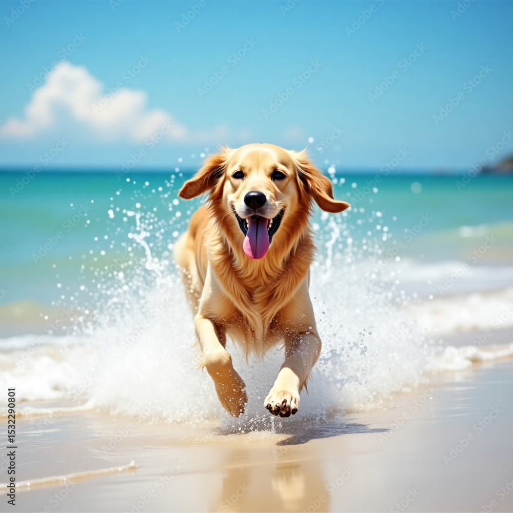 A dog running along the shoreline, water splashing, joyful movement A dog running along the shoreline, water splashing, joyful movement