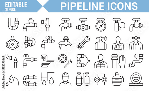 Collection of Editable Pipeline and Plumbing Icons | Water, Gas, and Tool Symbols

