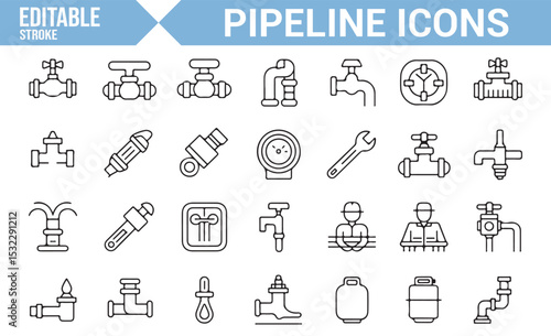 Pipeline and Plumbing Icons | Editable Icons for Pipes, Valves, and Tools

