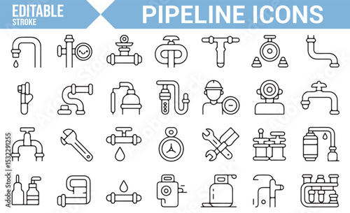 Set of Editable Plumbing and Pipeline Icons | Pipes, Valves, and Repair Symbols
