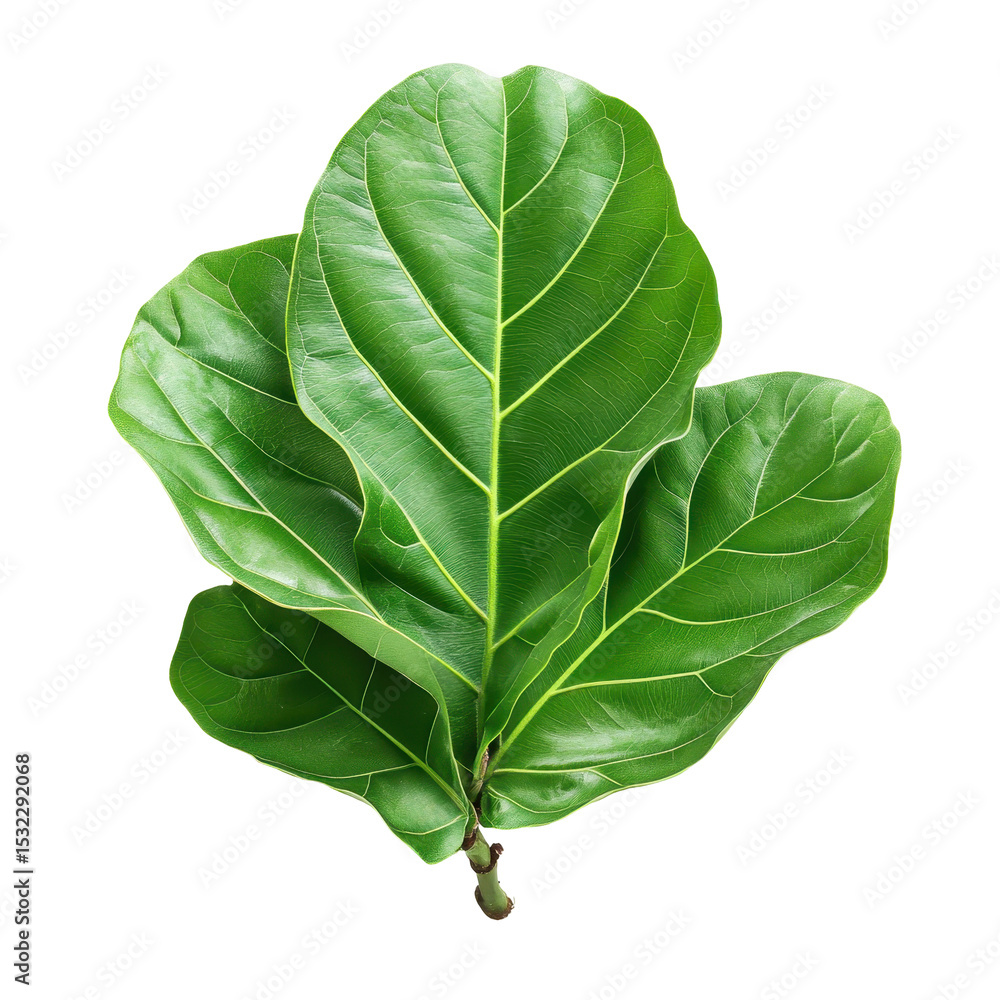 Obraz premium Fiddle Leaf Fig, A vibrant green fiddle leaf fig plant with large, glossy leaves on a slender stem, perfect for home decor and adding a touch of nature indoors, isolated on transparent background