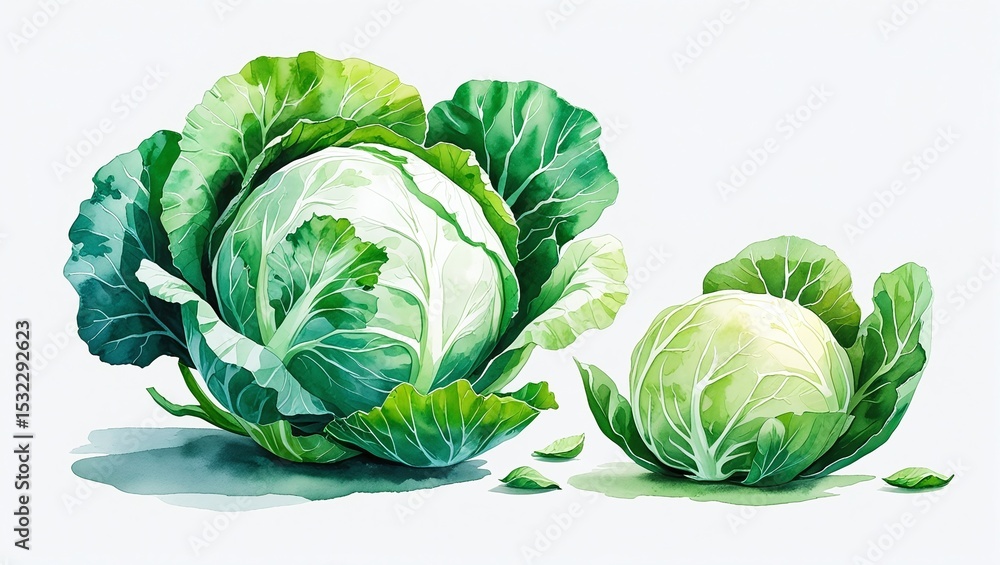 Obraz premium Two Green Cabbages with Watercolor Texture and Delicate Veining on a White Background
