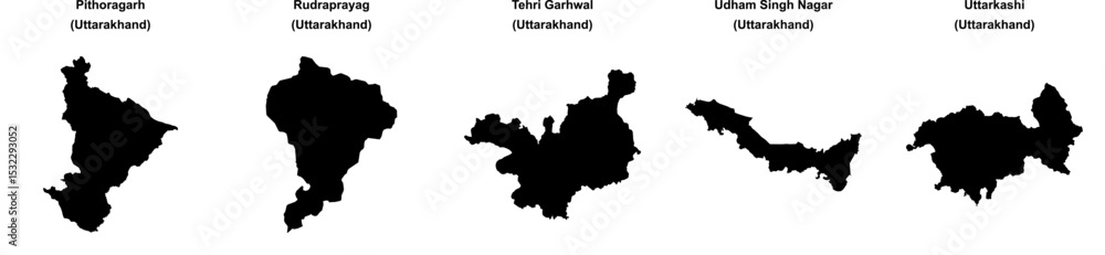 Obraz premium Pithoragarh, Rudraprayag, Tehri Garhwal, Udham Singh Nagar, Uttarkashi outline maps