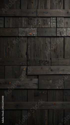 Wallpaper Mural A closeup of the slats in an antique wooden shutter, showcasing their intricate patterns, textures, dark brown wooden wall background with wood texture paneling for interior design and abstract. Torontodigital.ca