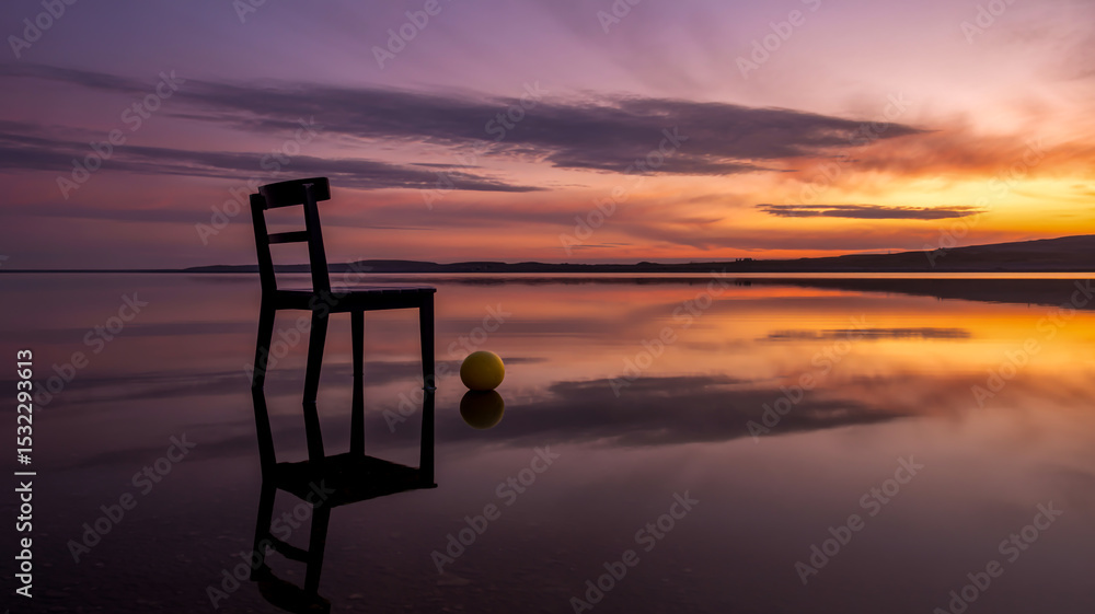 A surreal photograph of a black wooden chair standing in shallow water at sunset. A surreal photograph of a black wooden chair standing in shallow water at sunset.
