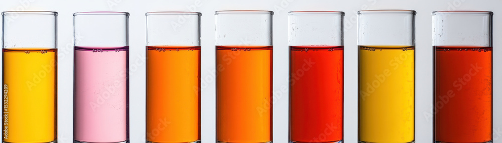 Fototapeta premium Colorful laboratory glassware filled with vibrant liquid in test tubes, showing range of warm hues and scientific setup
