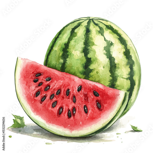 Sweet Juicy Ripe Watermelon, watercolor illustration vector, isolated on a white background.
