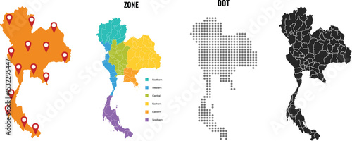Print Thailand map bundle featuring 4 different styles including outline, provincial, colorful, and minimalist designs – perfect for educational use, graphic projects, and presentations.