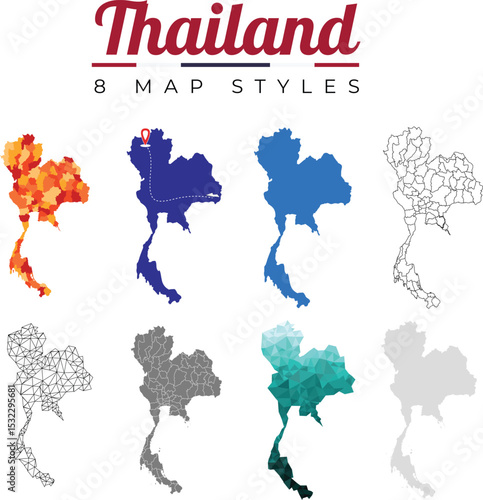 Thailand map collection in 8 unique styles including provincial, outline, colorful, minimalist, and detailed versions – ideal for design, education, infographics, and presentations.