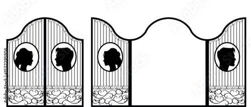 Wrought iron gate, Vintage wedding invitation card. Silhouette of a prince and princess. Bride and groom. Castlecore style stencil. Vector