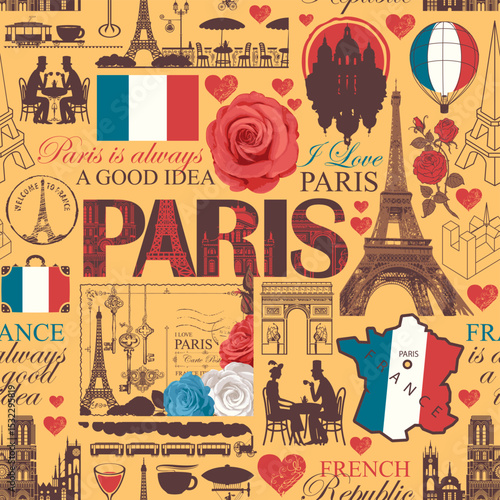 Hand drawn seamless pattern on France and Paris theme with lettering, architectural landmarks, map and flag. T-shirt design, travel postcard. Wallpaper, wrapping paper. No AI used