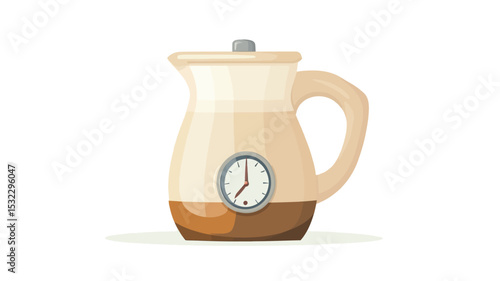 A digital illustration of a cream pitcher with a built-in analog clock/timer. The pitcher is depicted in a light beige color with a brown base.  The clock face is circular and centrally positioned