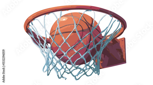 Close-up illustration of a basketball passing through a basketball hoop net.  The image features a vibrant orange basketball, sharply focused, partially obscured by the net. The net is depicted