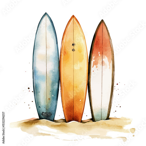 watercolor of Surfboards Resting Sand Waves, vector, isolated on a white background.