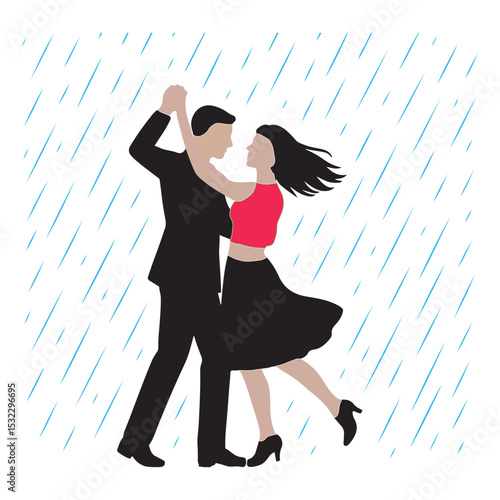 silhouette rain day couple dancing vector with white background