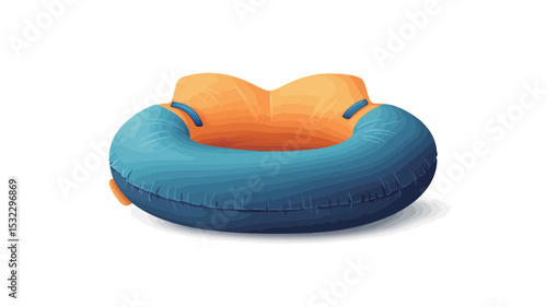 A digitally rendered image showcases a small, inflatable toddler seat cushion against a pure white background. The seat is primarily a muted teal/blue, with a contrasting bright orange backrest