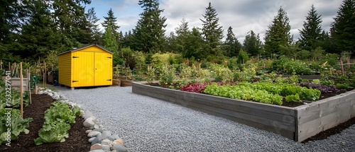 Vibrant Yellow Shed in Lush Vegetable Garden