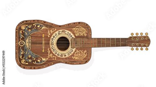 High-angle, full shot of an acoustic guitar. The guitar exhibits a light brown, possibly wooden body with intricate gold inlay work adorning the soundhole and body. The inlay features ornate