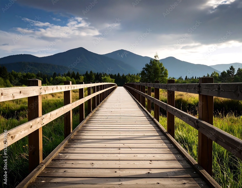 Fototapeta premium Wooden bridge leading to mountains