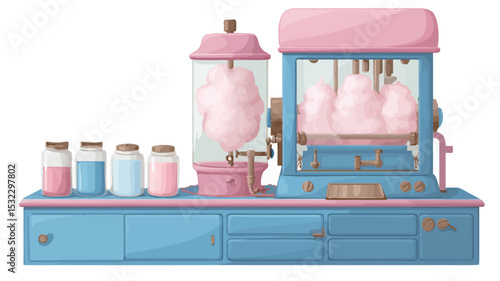 A digital illustration depicting a whimsical cotton candy machine rendered in pastel pink and light blue hues. The machine features a transparent container showcasing the spinning cotton candy