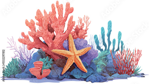A digitally created illustration depicting a vibrant coral reef scene. The image showcases a prominent orange starfish positioned centrally amongst various coral formations rendered in shades of