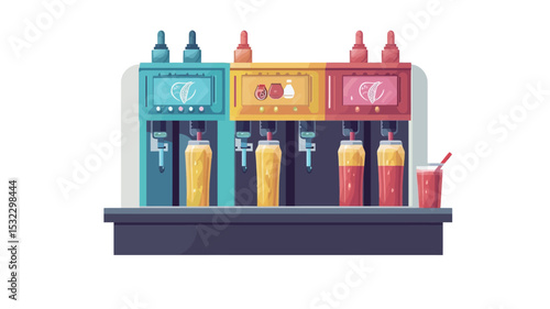 The image is a digital illustration depicting a colorful soda dispenser machine. The machine is rendered in a cartoonish, flat style with vibrant colors. It consists of four sections