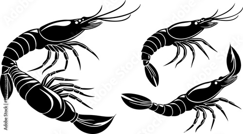 Vector silhouette of a couple of shrimps on a white background. Symbol of ocean animal