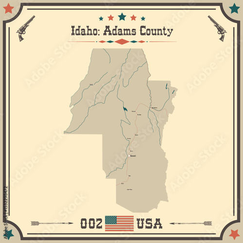 Large and accurate map of Adams County, Idaho, USA with vintage colors.