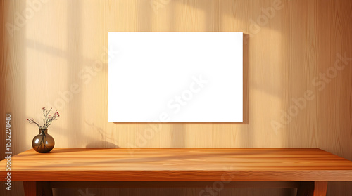 A beautifully lit room with a wooden table, a vase, and a blank picture frame.