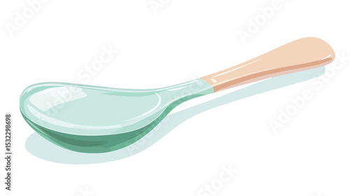 A digital illustration of a baby spoon is presented against a stark white background. The spoon is rendered in a soft pastel green hue, with a smooth, slightly glossy finish suggesting a plastic or