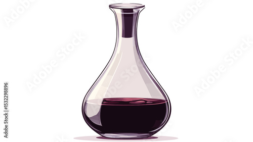 A studio shot of a clear glass decanter with a teardrop shape filled with a dark ruby-red liquid, possibly red wine. The decanter has a slightly elongated neck and a visible stopper. The background