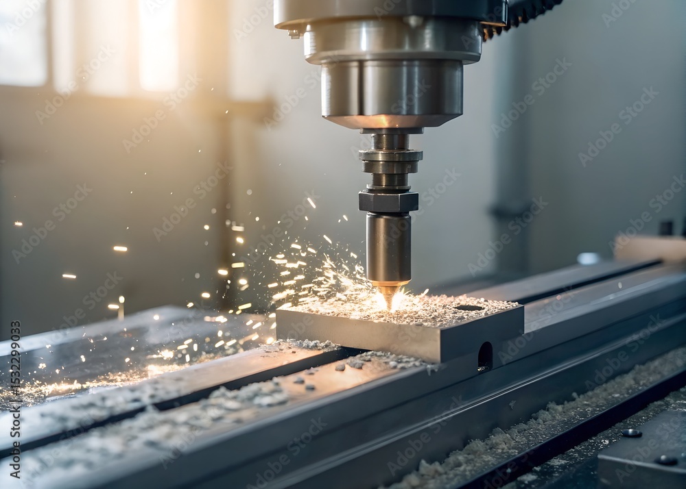A milling machine is actively cutting into a metal piece, producing fine shavings. The workshop is well-lit, emphasizing the precision of the machining activity A milling machine is actively cutting into a metal piece, producing fine shavings. The workshop is well-lit, emphasizing the precision of the machining activity